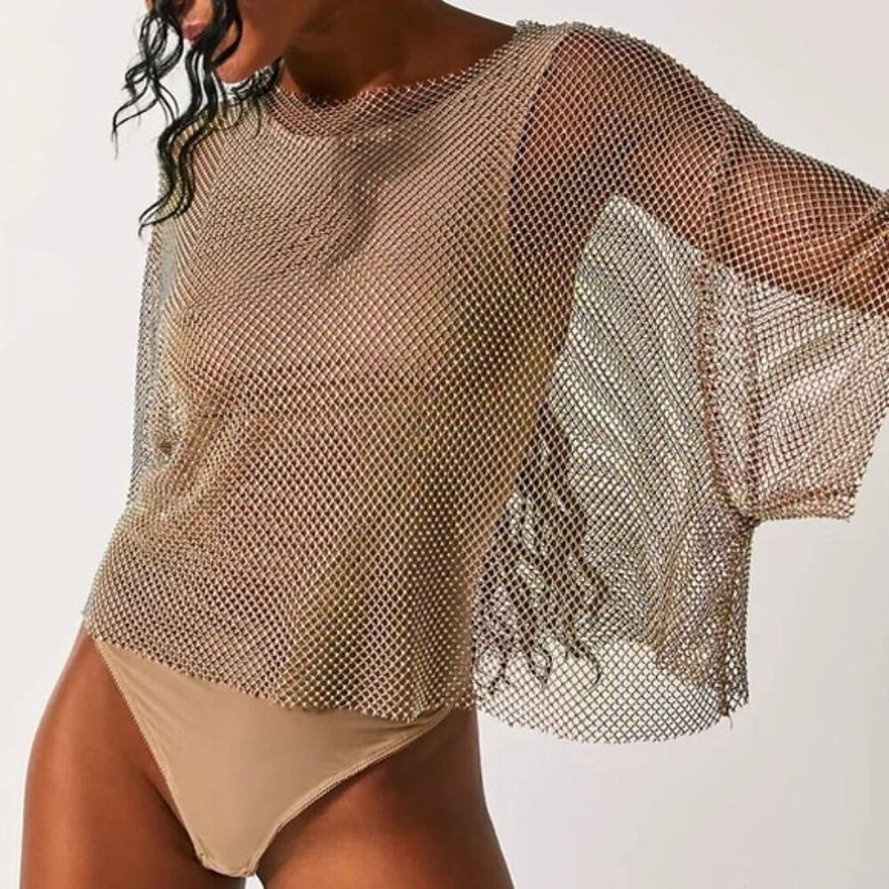 NEW Free People Filter Finish Bodysuit S $178 Iridescent Rhinestone Fishnet Mesh - Picture 4 of 9